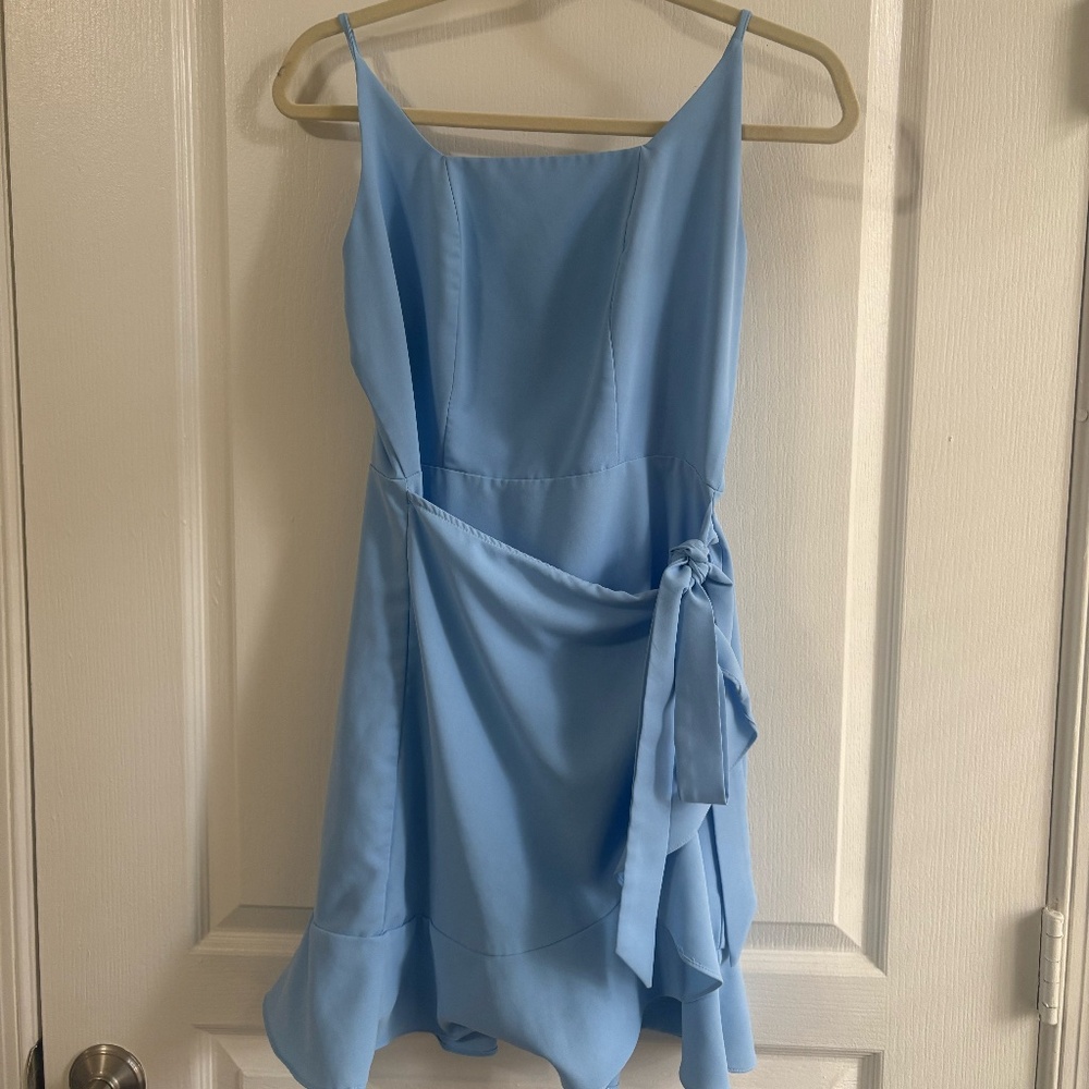 Blue Square Neck Wrap Mini Dress